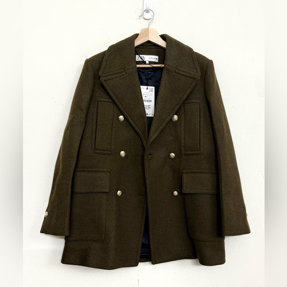 NWT Zara Wool Double-Breasted Pea Coat in Dark Olive Green Sz S - Picture 9 of 17